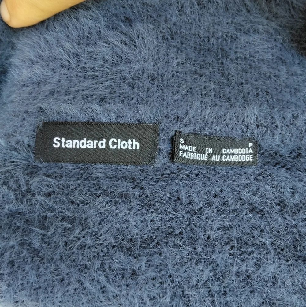 Anthropologie Standard Cloth Navy Blue Fuzzy Knit Zip Front Polo Shirt Small - Picture 7 of 8